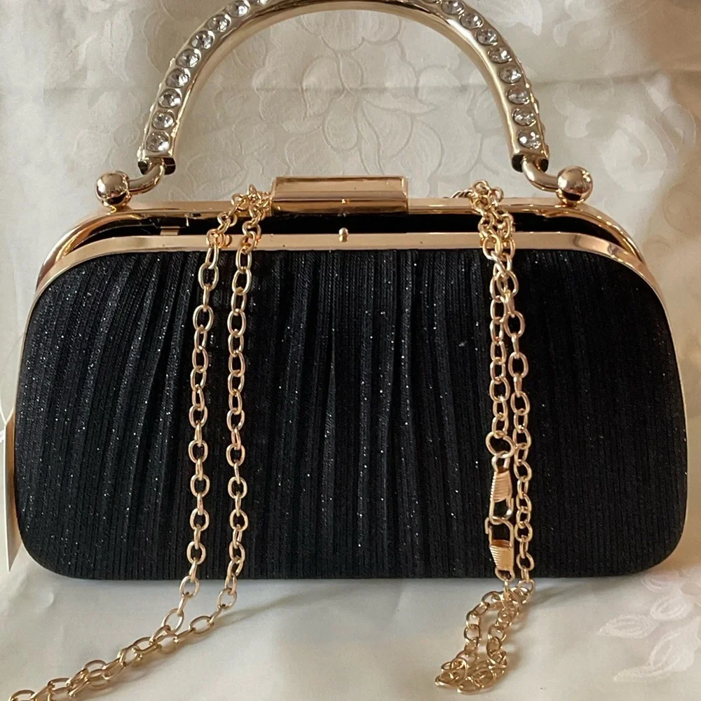 YYW Elegant Black Clutch with Rhinestone Handle and Clasp. NWT
